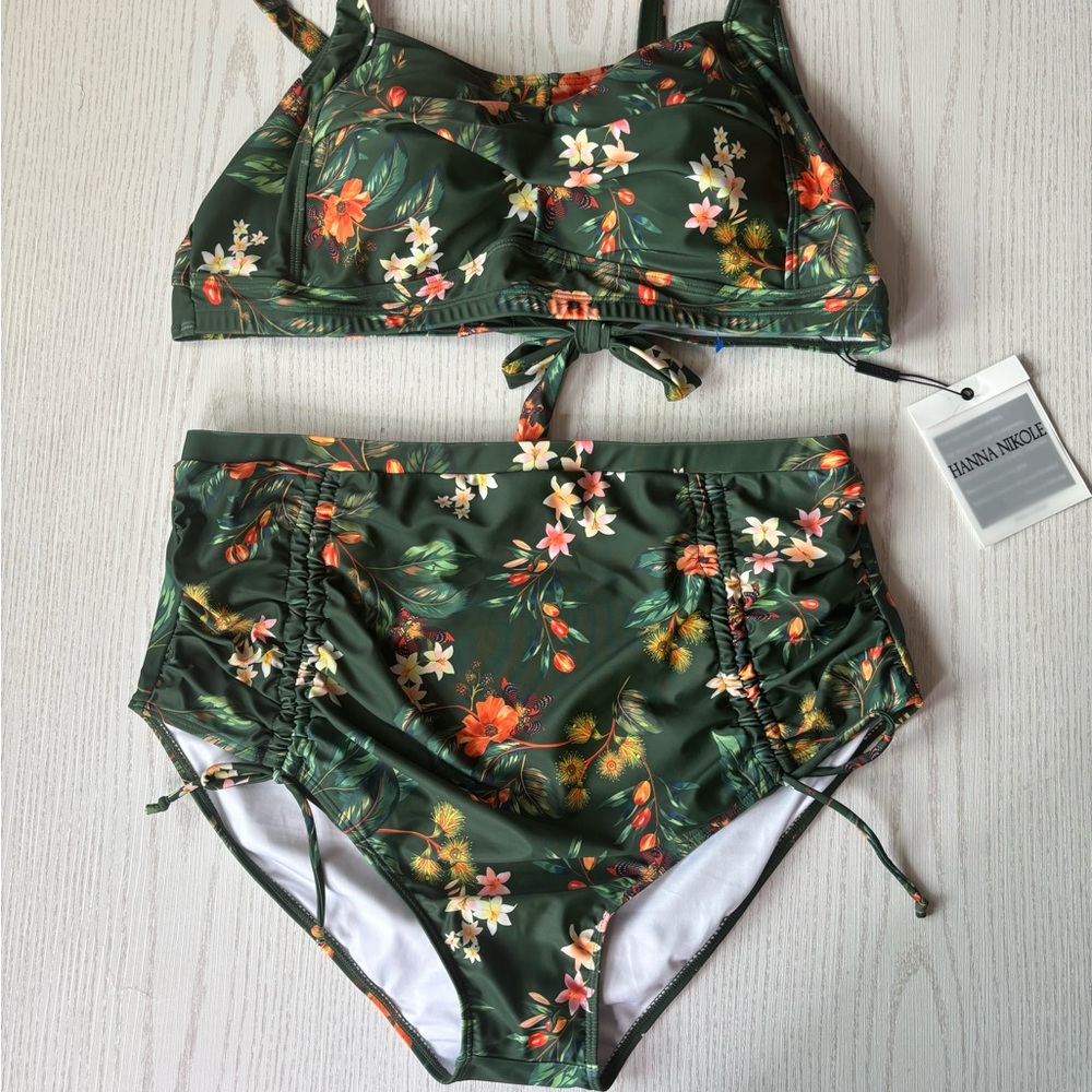 Tropical Green Bikini with Floral Print and Tie Details